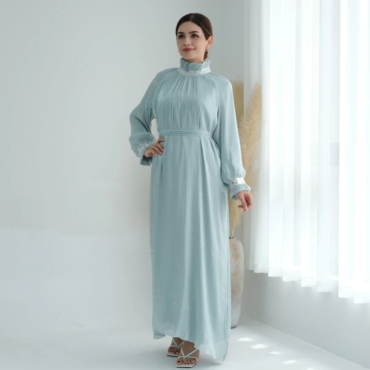 Elegant Modest Long Sleeve High-Neck Lace-Up Solid Color Dress Abaya (MA213) - Image 13