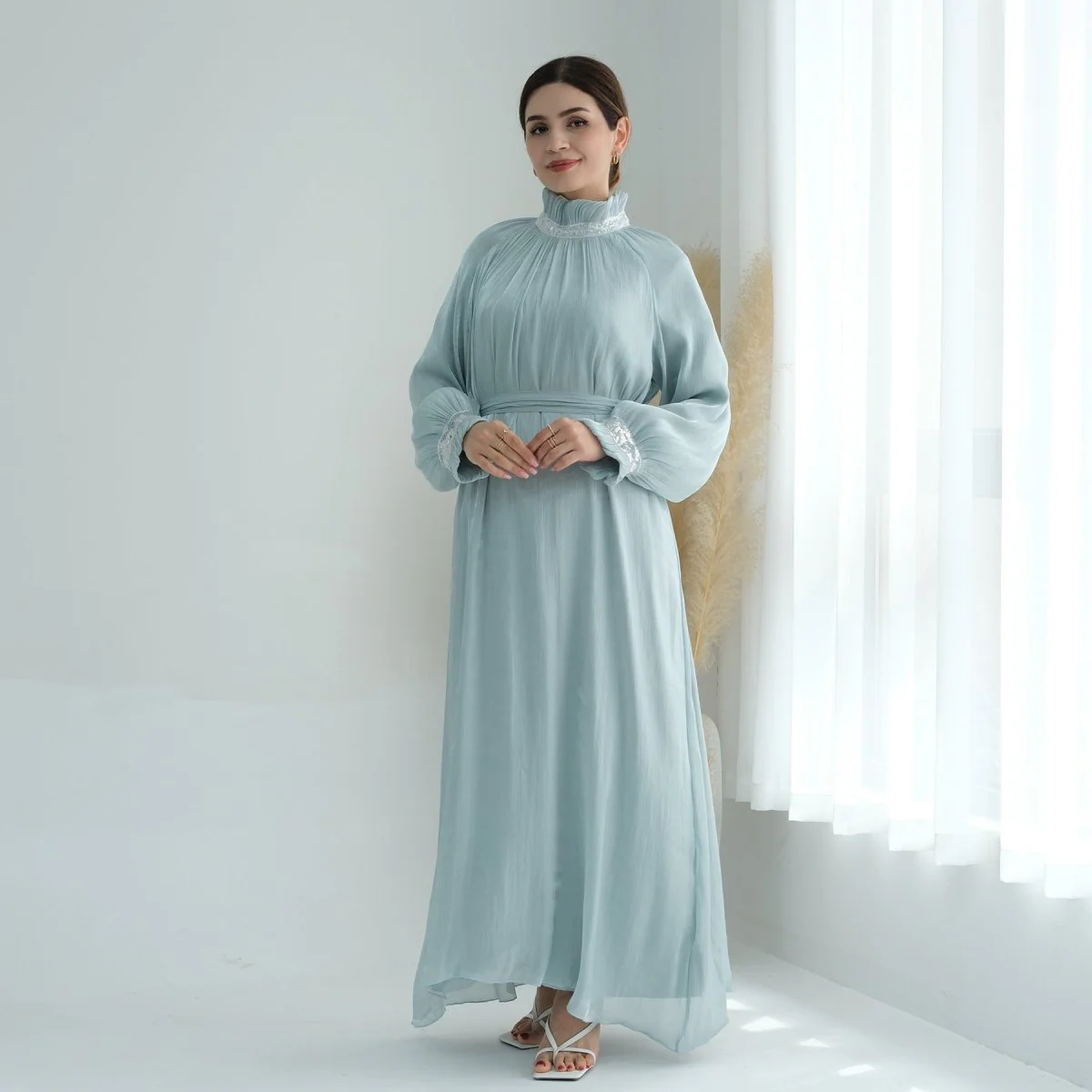 Elegant Modest Long Sleeve High-Neck Lace-Up Solid Color Dress Abaya (MA213) - Image 14