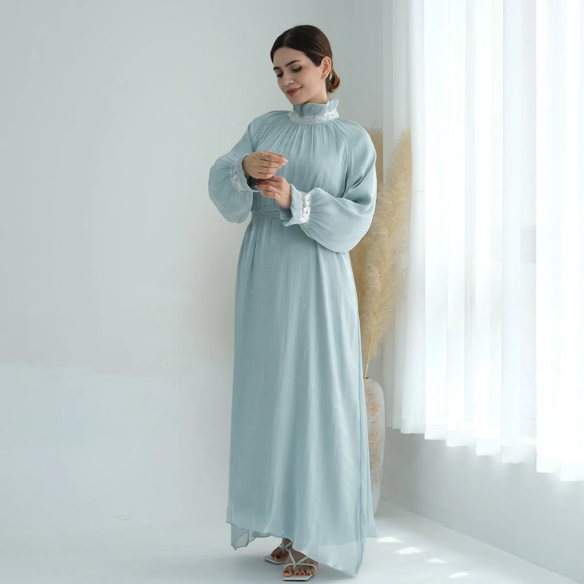 Elegant Modest Long Sleeve High-Neck Lace-Up Solid Color Dress Abaya (MA213) - Image 15