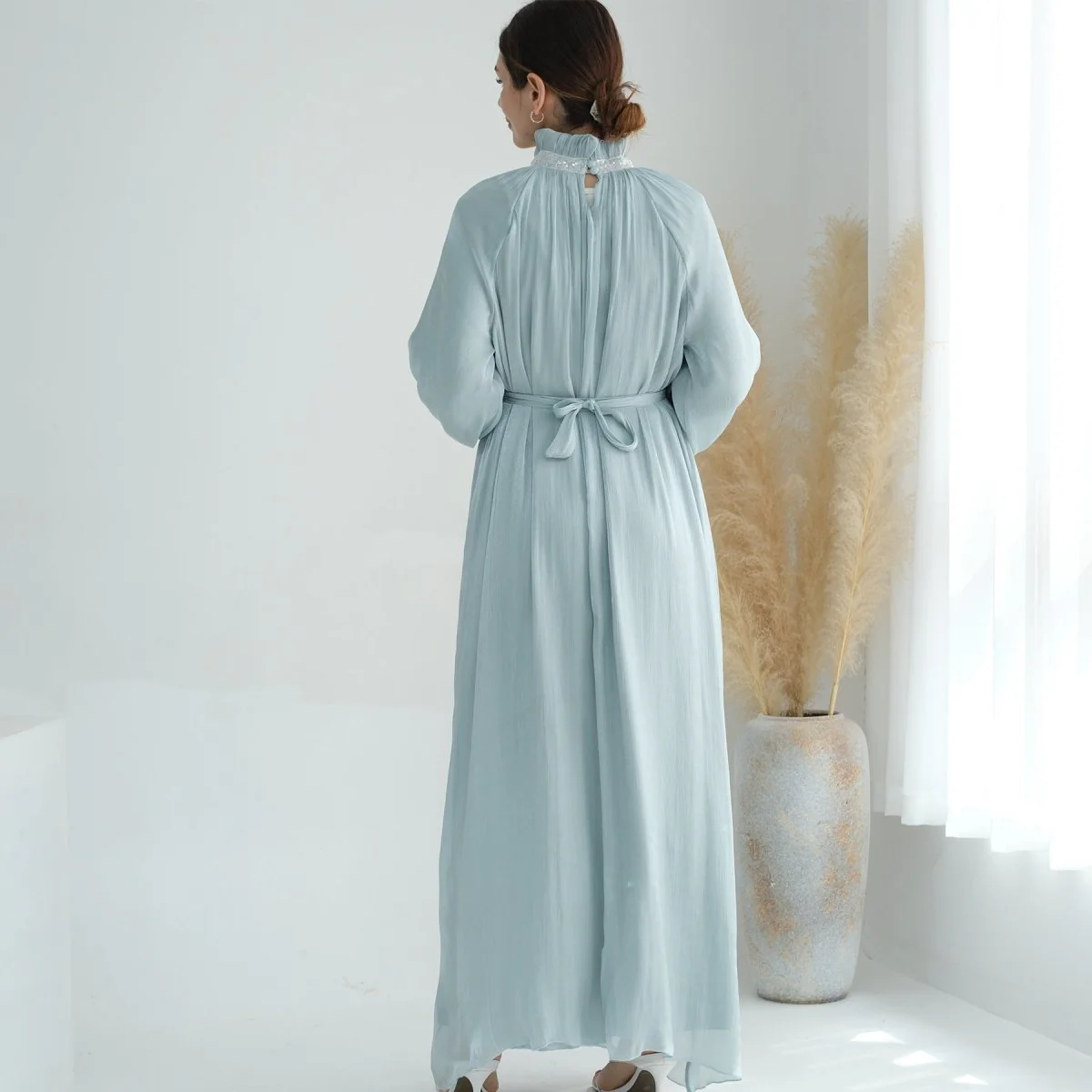Elegant Modest Long Sleeve High-Neck Lace-Up Solid Color Dress Abaya (MA213) - Image 16