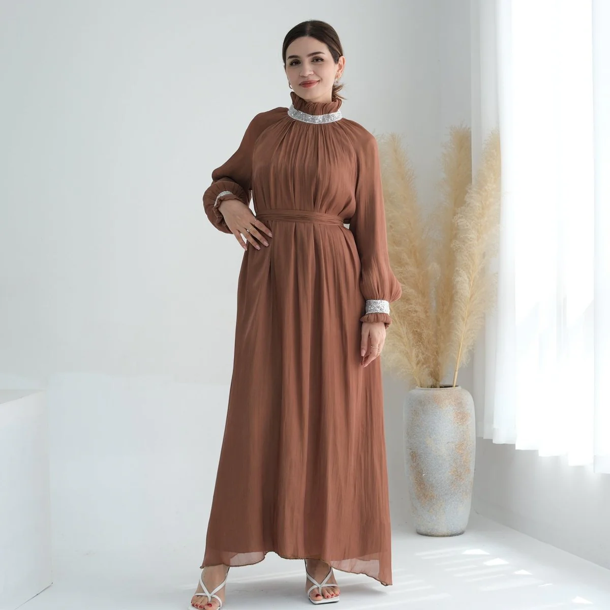 Elegant Modest Long Sleeve High-Neck Lace-Up Solid Color Dress Abaya (MA213) - Image 17