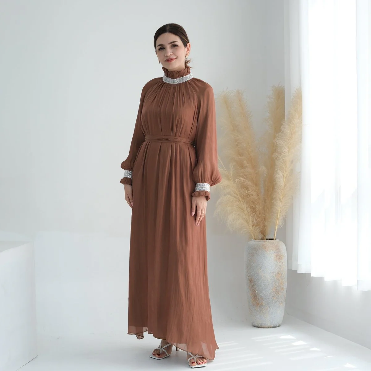 Elegant Modest Long Sleeve High-Neck Lace-Up Solid Color Dress Abaya (MA213) - Image 18