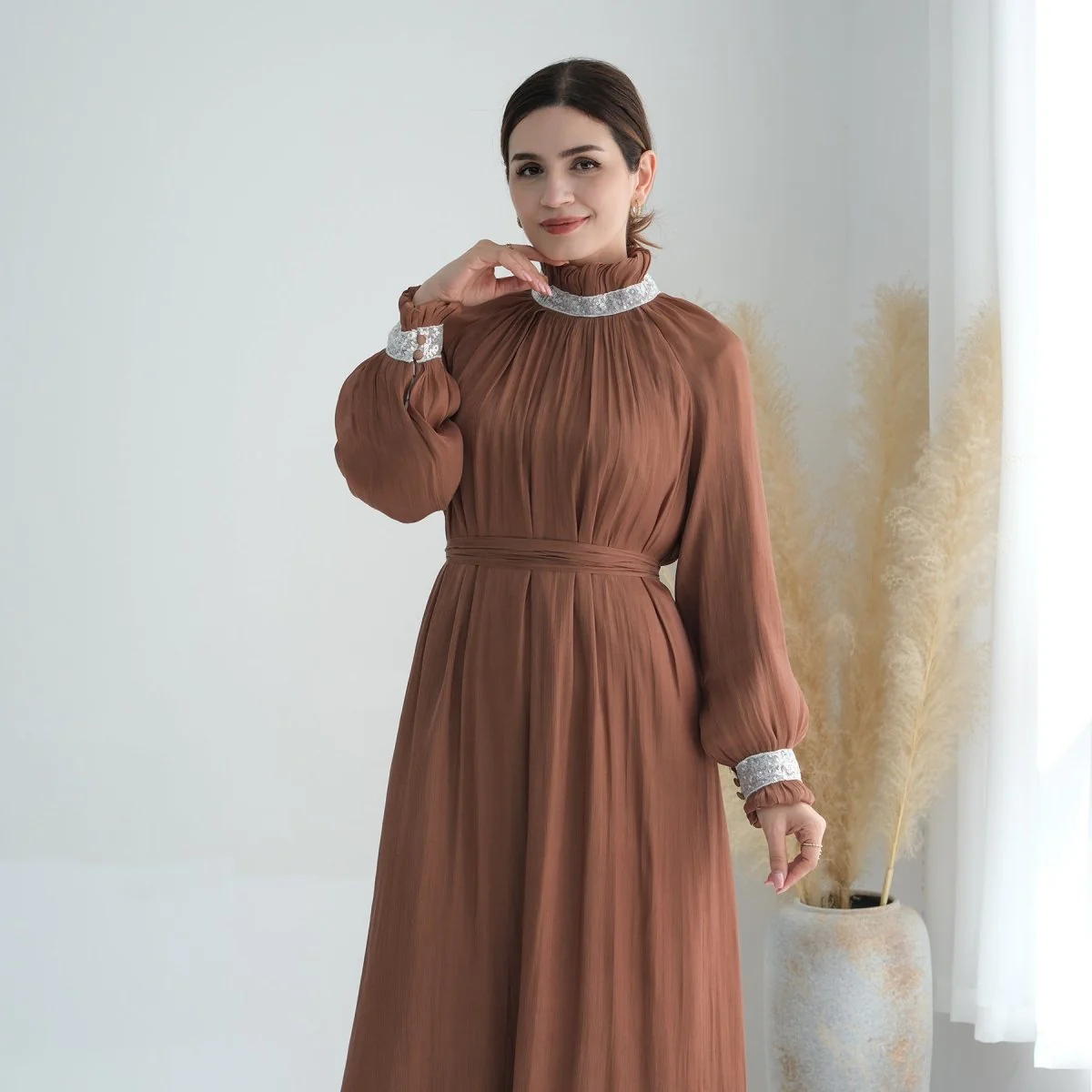 Elegant Modest Long Sleeve High-Neck Lace-Up Solid Color Dress Abaya (MA213) - Image 19