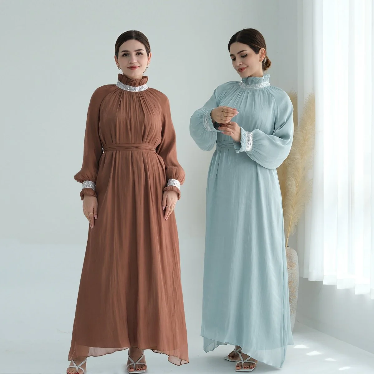 Elegant Modest Long Sleeve High-Neck Lace-Up Solid Color Dress Abaya (MA213) - Image 2