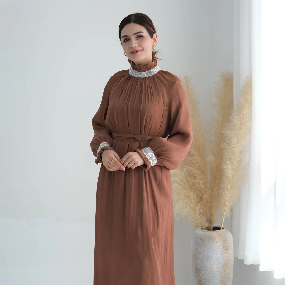 Elegant Modest Long Sleeve High-Neck Lace-Up Solid Color Dress Abaya (MA213) - Image 20