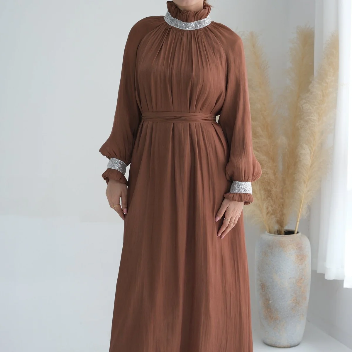 Elegant Modest Long Sleeve High-Neck Lace-Up Solid Color Dress Abaya (MA213) - Image 21