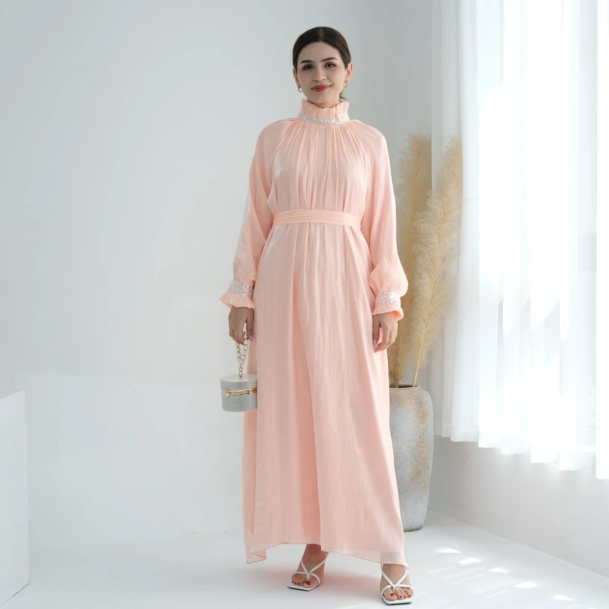 Elegant Modest Long Sleeve High-Neck Lace-Up Solid Color Dress Abaya (MA213) - Image 25