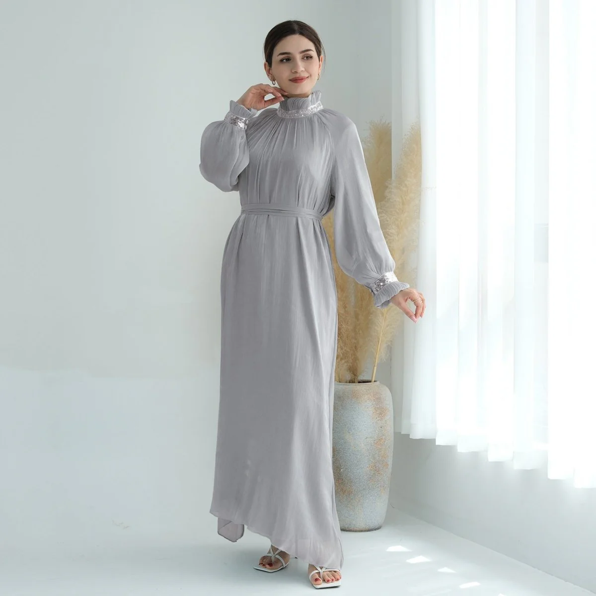 Elegant Modest Long Sleeve High-Neck Lace-Up Solid Color Dress Abaya (MA213) - Image 3
