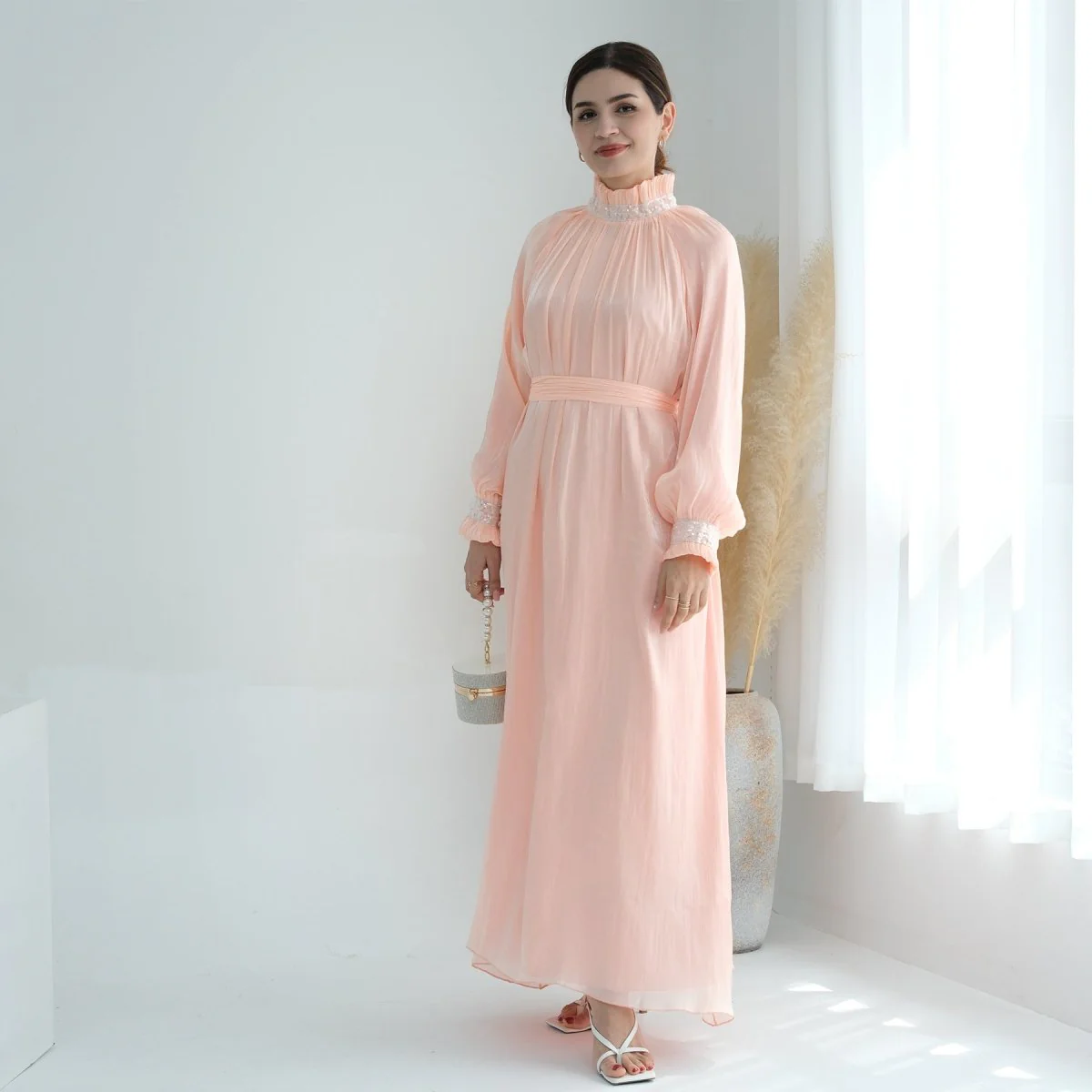 Elegant Modest Long Sleeve High-Neck Lace-Up Solid Color Dress Abaya (MA213) - Image 4