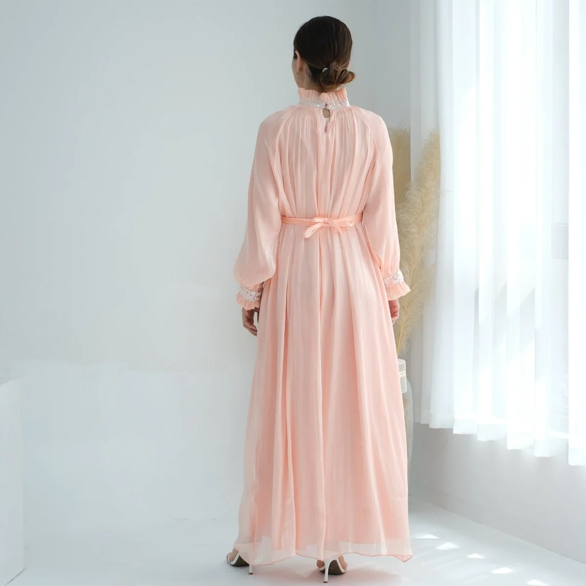 Elegant Modest Long Sleeve High-Neck Lace-Up Solid Color Dress Abaya (MA213) - Image 5