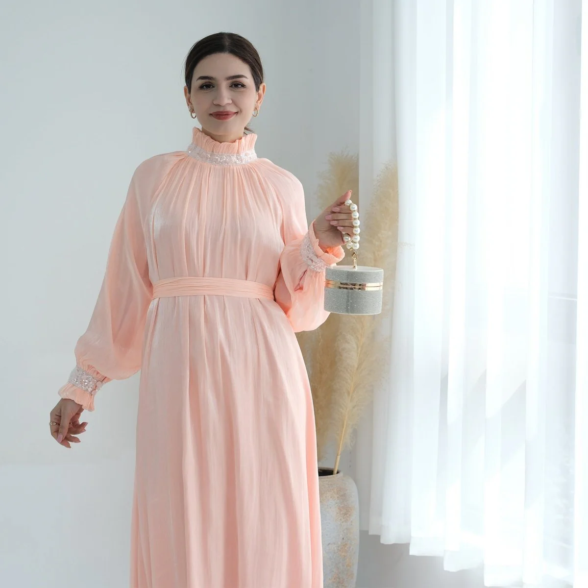 Elegant Modest Long Sleeve High-Neck Lace-Up Solid Color Dress Abaya (MA213) - Image 6