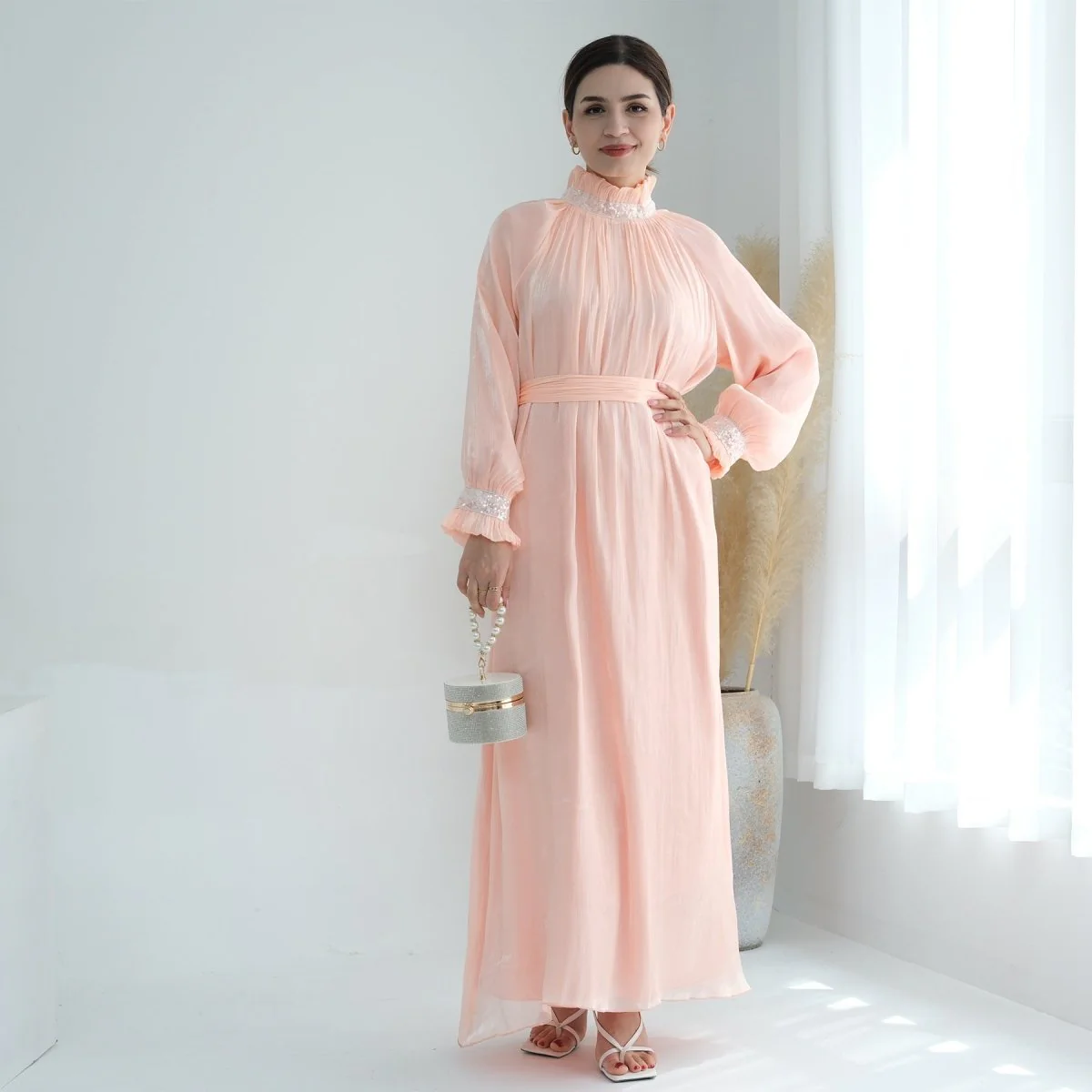 Elegant Modest Long Sleeve High-Neck Lace-Up Solid Color Dress Abaya (MA213) - Image 7