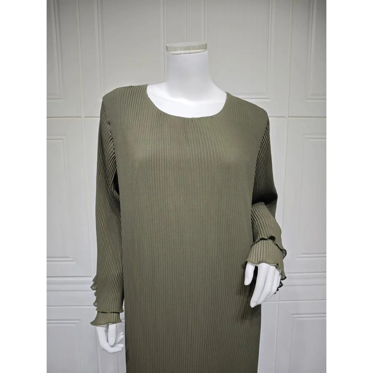 Elegant Muslim Women's Pleated Chiffon Pullover Robe Dress Modest Solid Color Abaya with Flared Sleeves (MA176) - Image 10