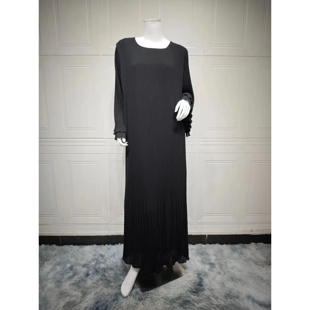 Elegant Muslim Women's Pleated Chiffon Pullover Robe Dress Modest Solid Color Abaya with Flared Sleeves (MA176) - Image 12