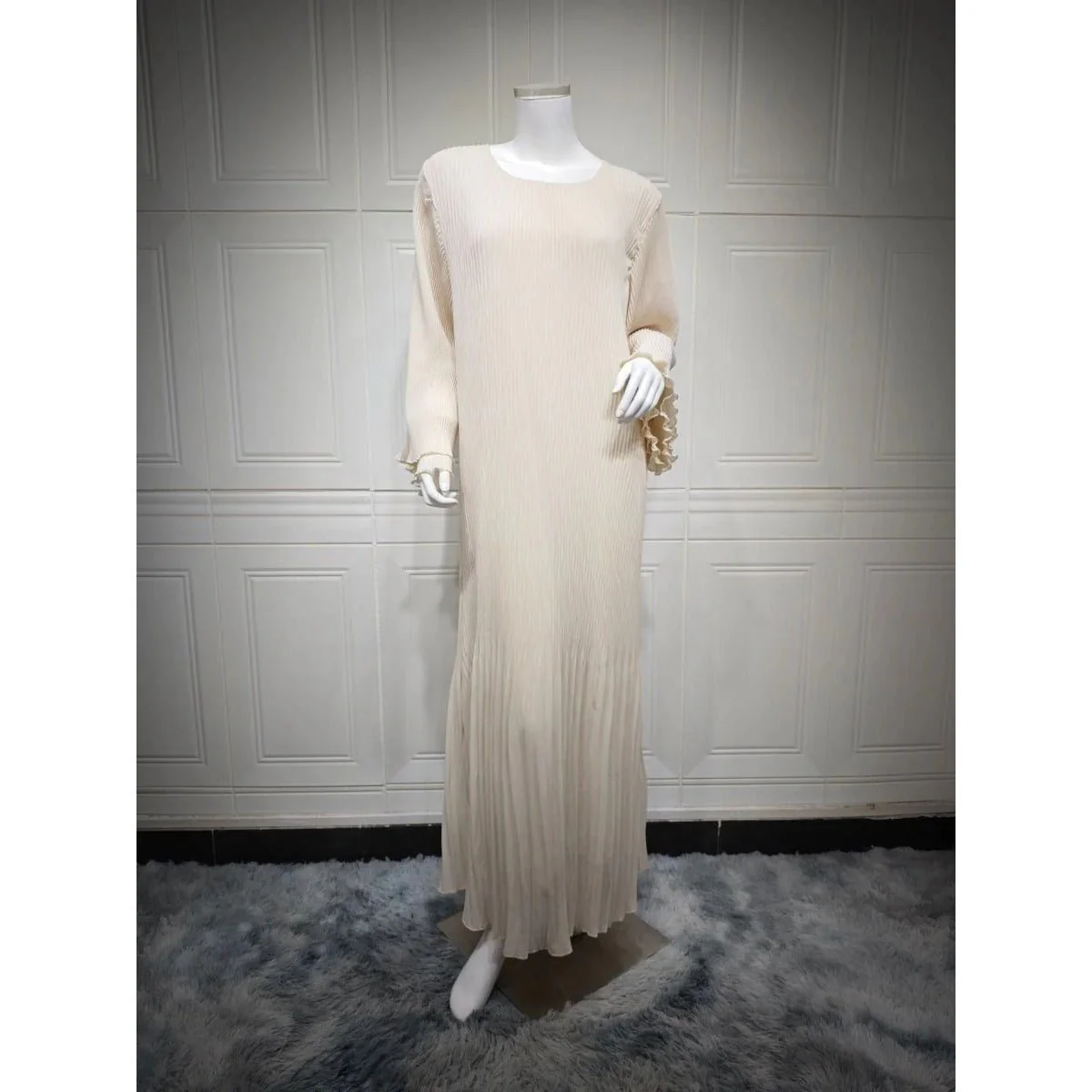 Elegant Muslim Women's Pleated Chiffon Pullover Robe Dress Modest Solid Color Abaya with Flared Sleeves (MA176) - Image 16