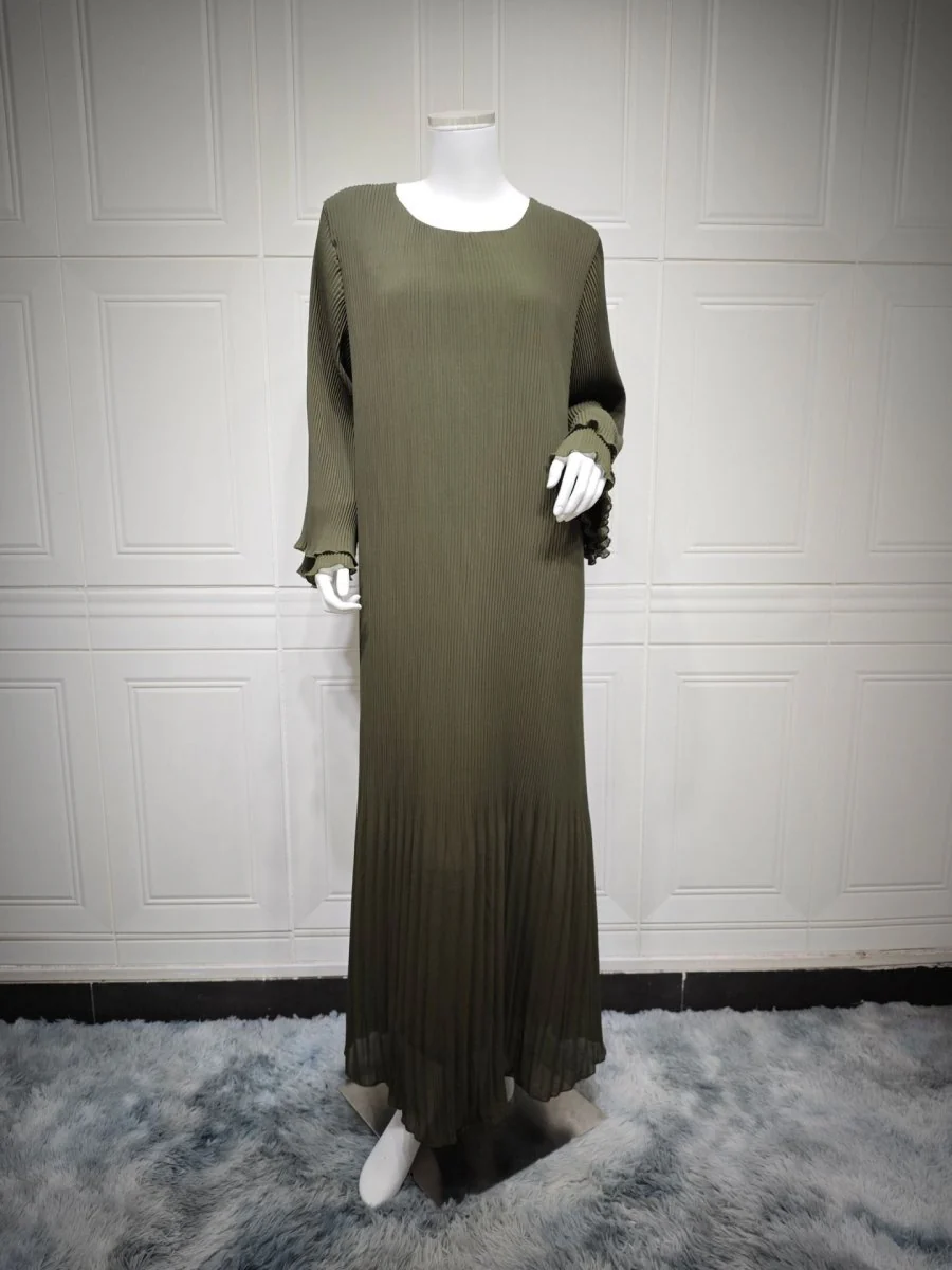 Elegant Muslim Women's Pleated Chiffon Pullover Robe Dress Modest Solid Color Abaya with Flared Sleeves (MA176) - Image 20