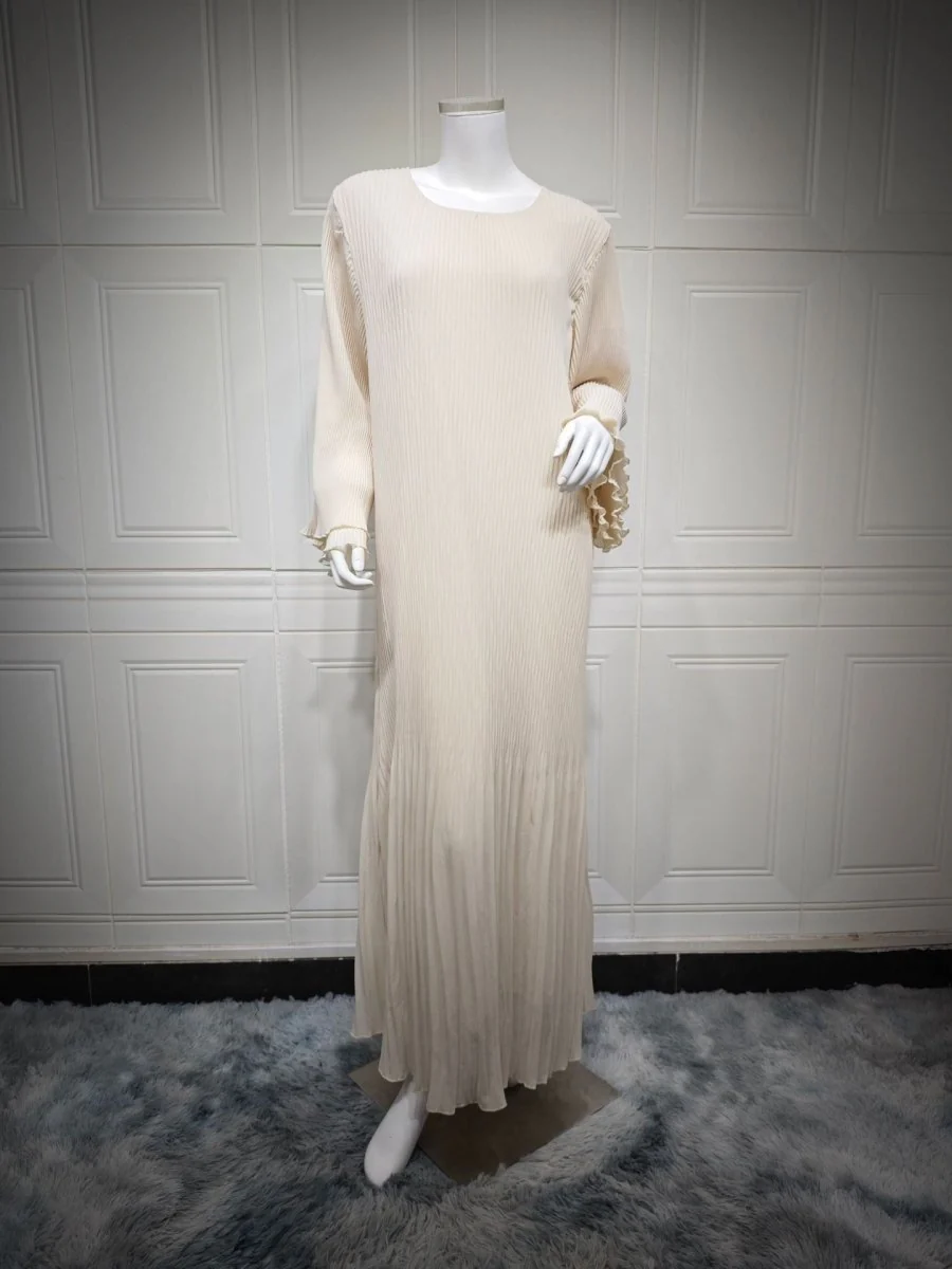 Elegant Muslim Women's Pleated Chiffon Pullover Robe Dress Modest Solid Color Abaya with Flared Sleeves (MA176) - Image 21