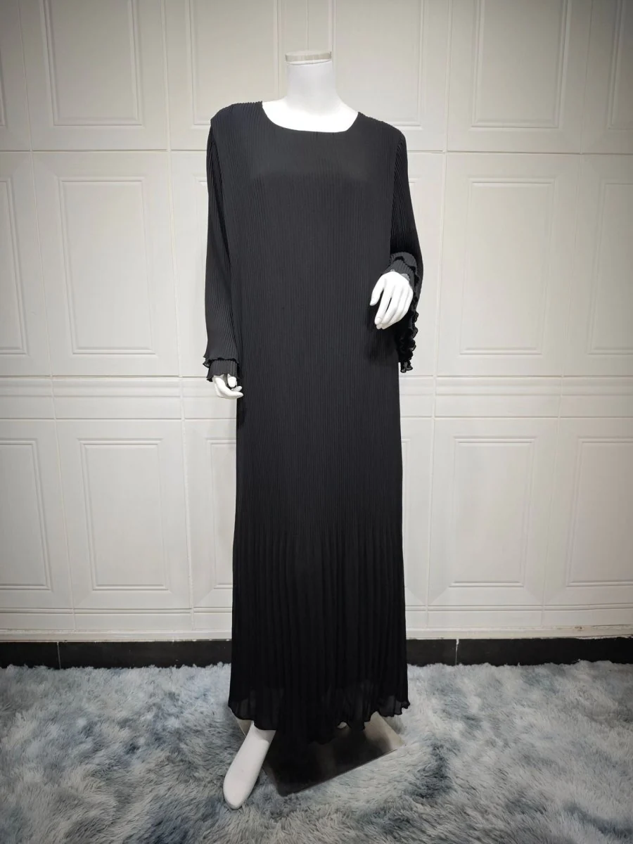 Elegant Muslim Women's Pleated Chiffon Pullover Robe Dress Modest Solid Color Abaya with Flared Sleeves (MA176) - Image 22