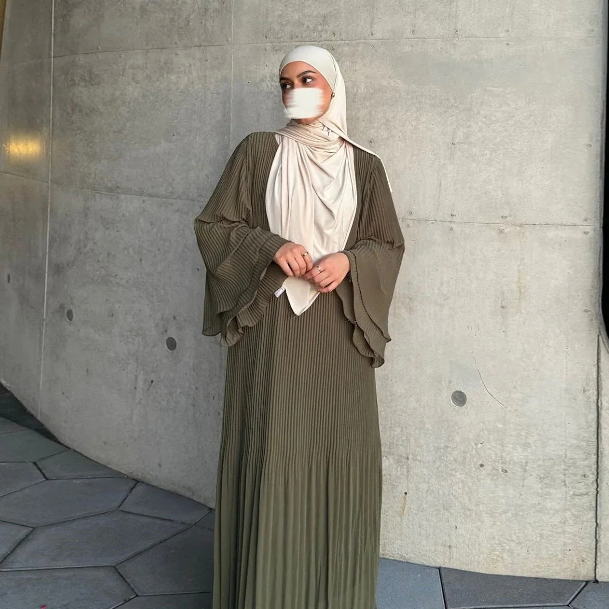 Elegant Muslim Women's Pleated Chiffon Pullover Robe Dress Modest Solid Color Abaya with Flared Sleeves (MA176) - Image 6