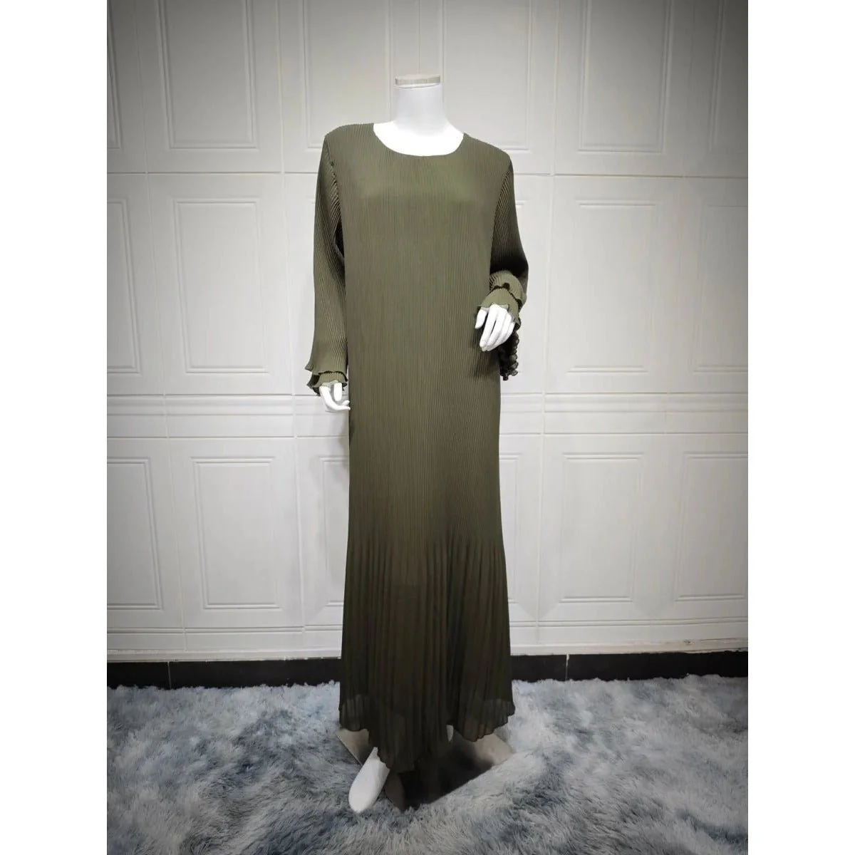 Elegant Muslim Women's Pleated Chiffon Pullover Robe Dress Modest Solid Color Abaya with Flared Sleeves (MA176) - Image 9