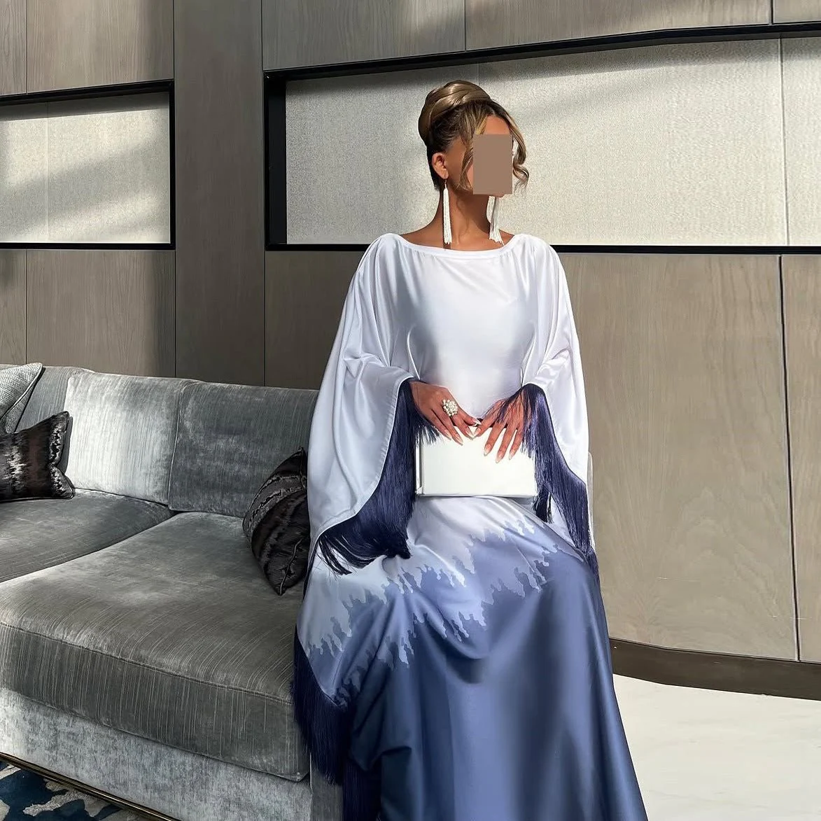 Elegant Ombre Gradient Abaya | Gradient Print Fringed Robe Dress Abaya (MA179) - Image 11