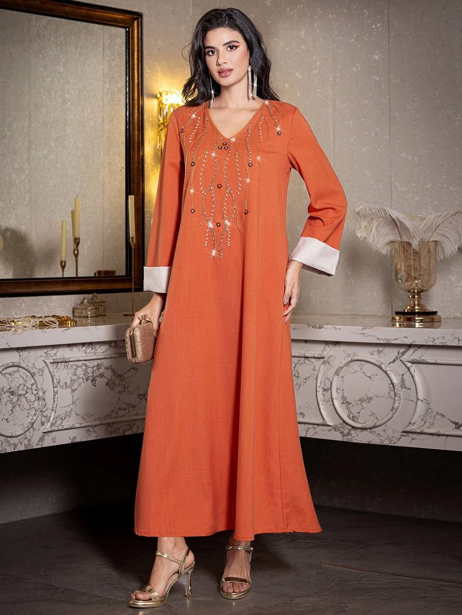 Elegant Orange V-Neck Loose Hand-Sewn Diamond & Pearl Embellished Long Dress with Contrast Cuffs Abaya (MA191) - Image 10