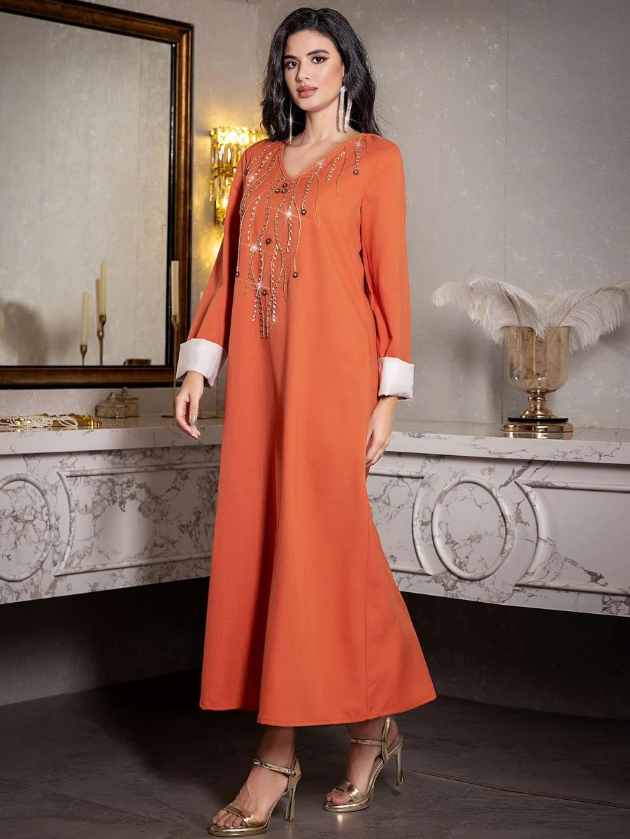 Elegant Orange V-Neck Loose Hand-Sewn Diamond & Pearl Embellished Long Dress with Contrast Cuffs Abaya (MA191) - Image 11