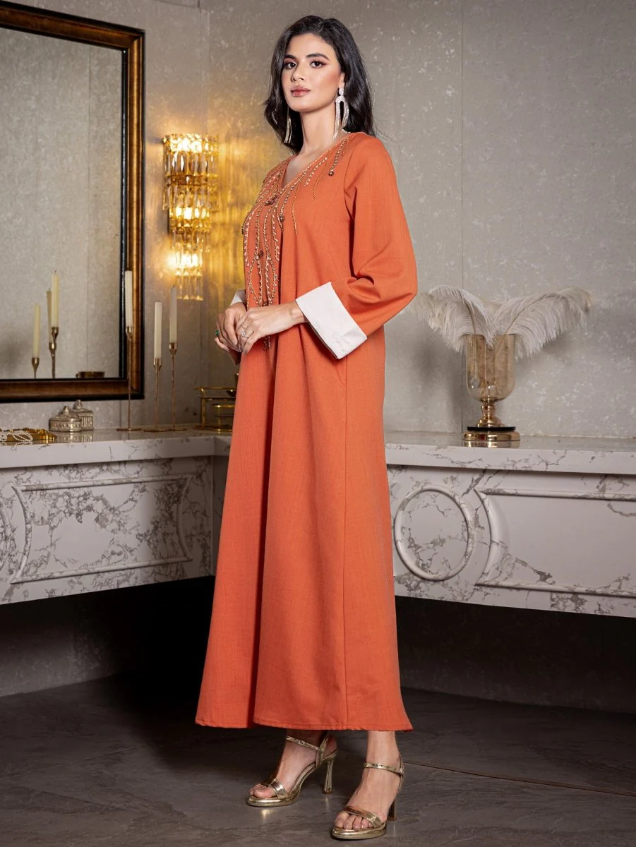 Elegant Orange V-Neck Loose Hand-Sewn Diamond & Pearl Embellished Long Dress with Contrast Cuffs Abaya (MA191) - Image 12