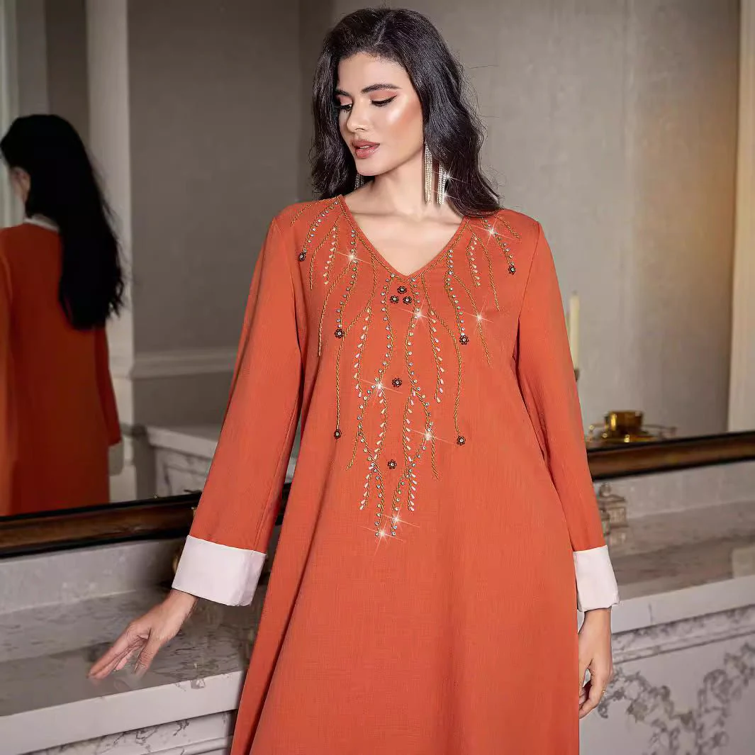 Elegant Orange V-Neck Loose Hand-Sewn Diamond & Pearl Embellished Long Dress with Contrast Cuffs Abaya (MA191) - Image 3
