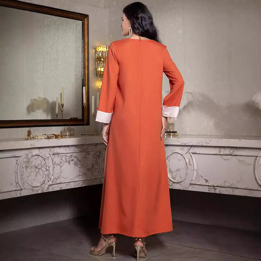 Elegant Orange V-Neck Loose Hand-Sewn Diamond & Pearl Embellished Long Dress with Contrast Cuffs Abaya (MA191) - Image 4