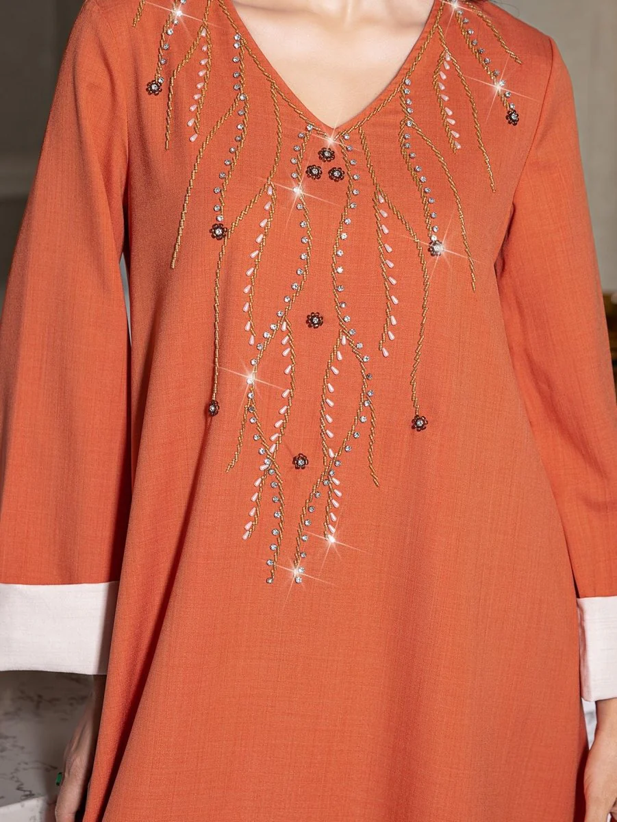 Elegant Orange V-Neck Loose Hand-Sewn Diamond & Pearl Embellished Long Dress with Contrast Cuffs Abaya (MA191) - Image 5