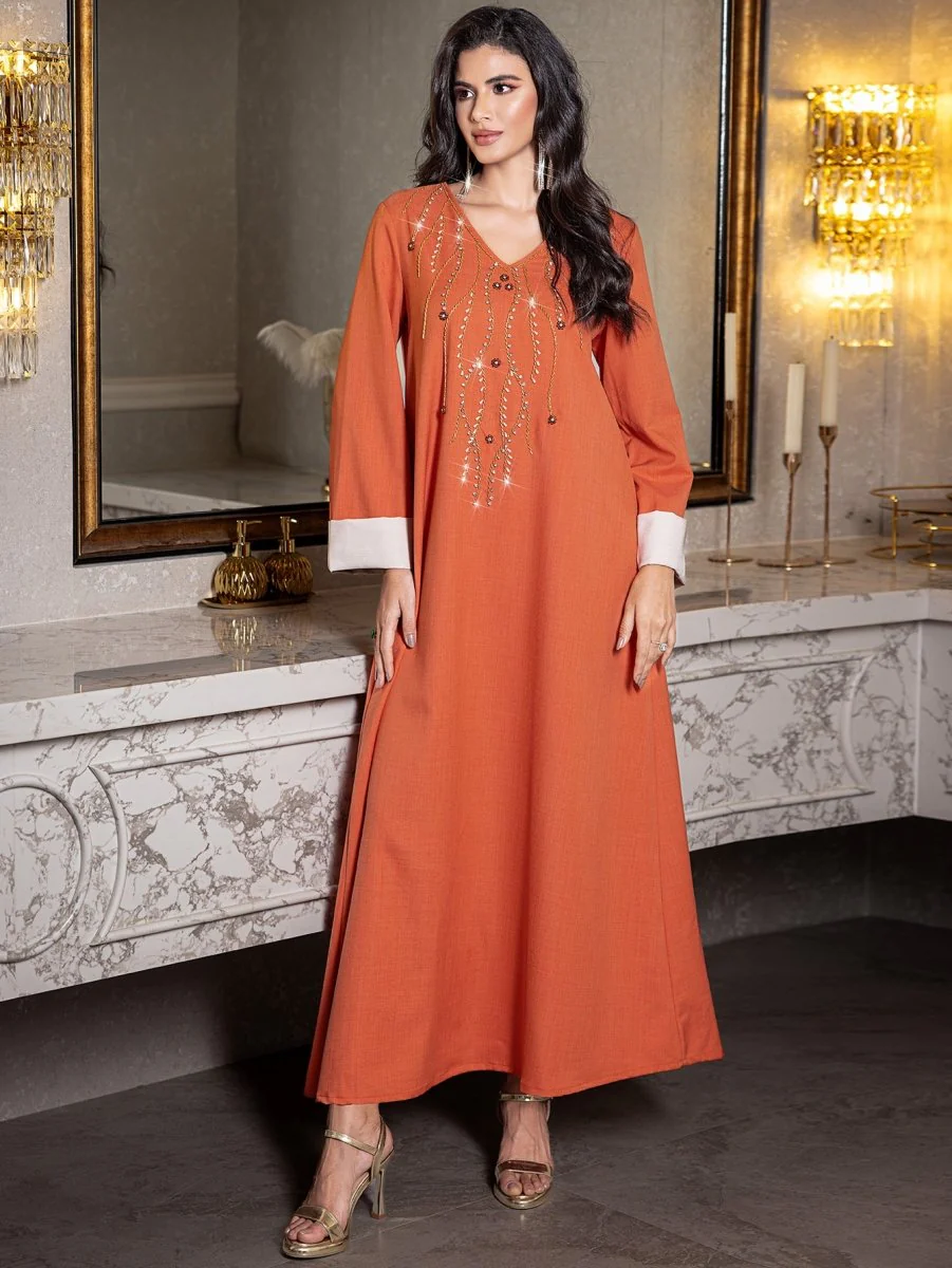 Elegant Orange V-Neck Loose Hand-Sewn Diamond & Pearl Embellished Long Dress with Contrast Cuffs Abaya (MA191) - Image 6