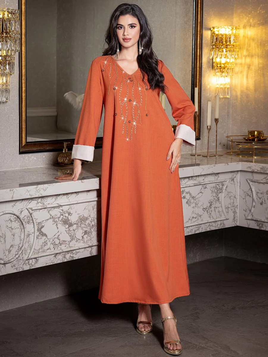 Elegant Orange V-Neck Loose Hand-Sewn Diamond & Pearl Embellished Long Dress with Contrast Cuffs Abaya (MA191) - Image 7