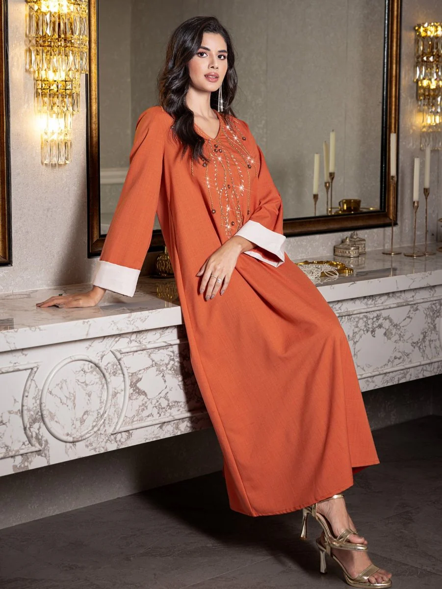Elegant Orange V-Neck Loose Hand-Sewn Diamond & Pearl Embellished Long Dress with Contrast Cuffs Abaya (MA191) - Image 8