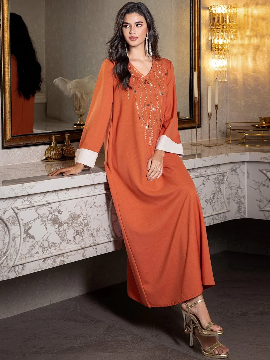 Elegant Orange V-Neck Loose Hand-Sewn Diamond & Pearl Embellished Long Dress with Contrast Cuffs Abaya (MA191) - Image 9