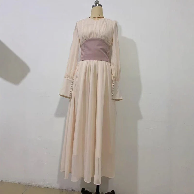 Elegant Pearl-Accented Bubble Sleeve Dress with Spliced Waist(MA297) - Image 5