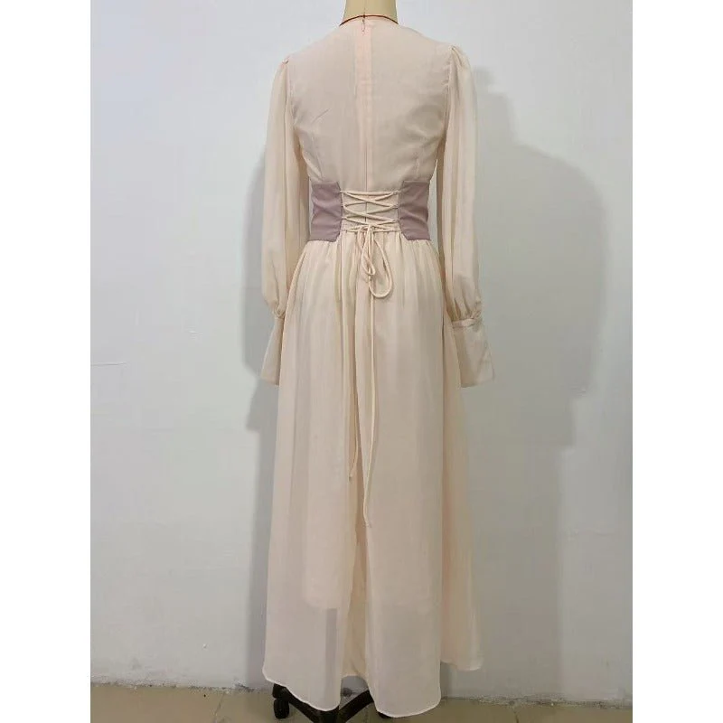 Elegant Pearl-Accented Bubble Sleeve Dress with Spliced Waist(MA297) - Image 6