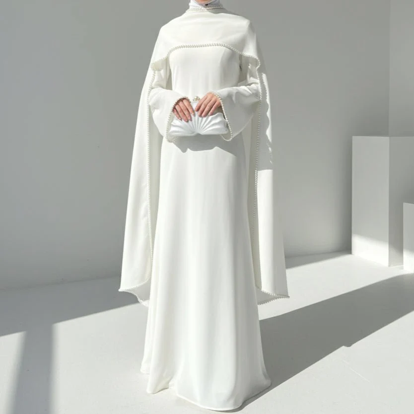 Elegant Pearl Embellished Cape Sleeve Evening Dress(MA337)