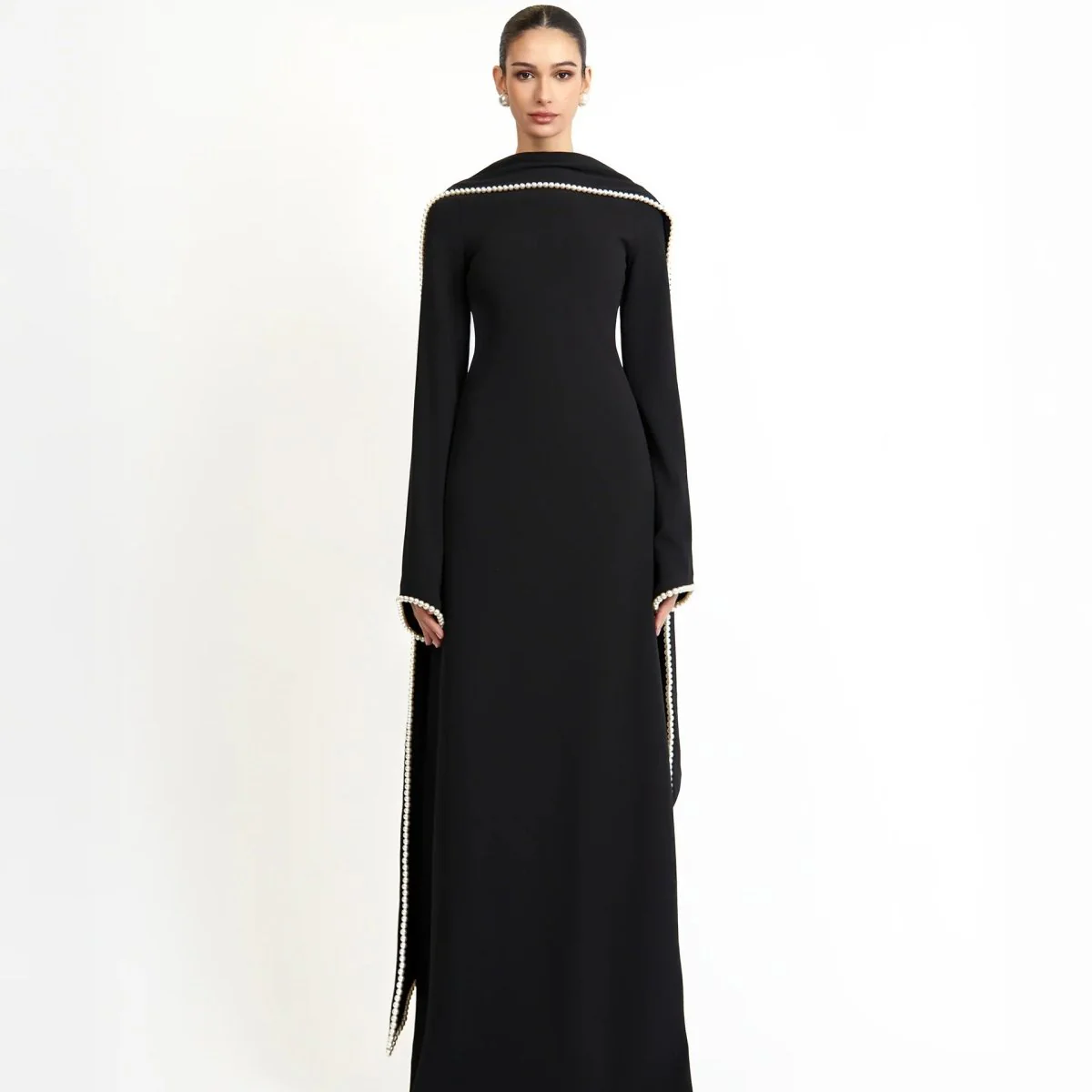Elegant Pearl Embellished Cape Sleeve Evening Dress(MA337) - Image 12