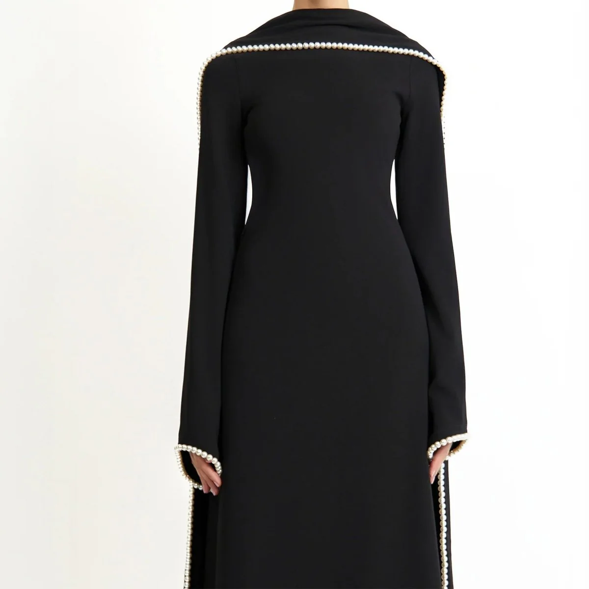 Elegant Pearl Embellished Cape Sleeve Evening Dress(MA337) - Image 13