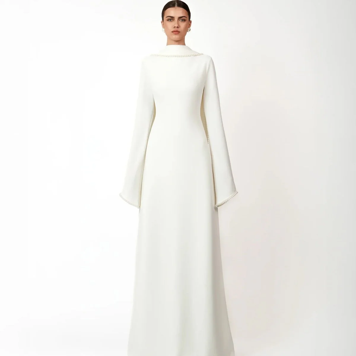 Elegant Pearl Embellished Cape Sleeve Evening Dress(MA337) - Image 14