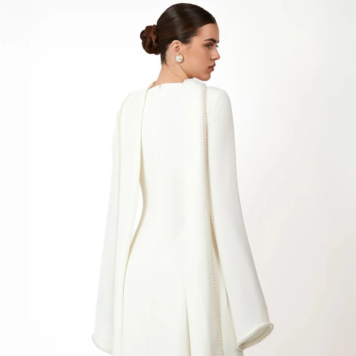 Elegant Pearl Embellished Cape Sleeve Evening Dress(MA337) - Image 15