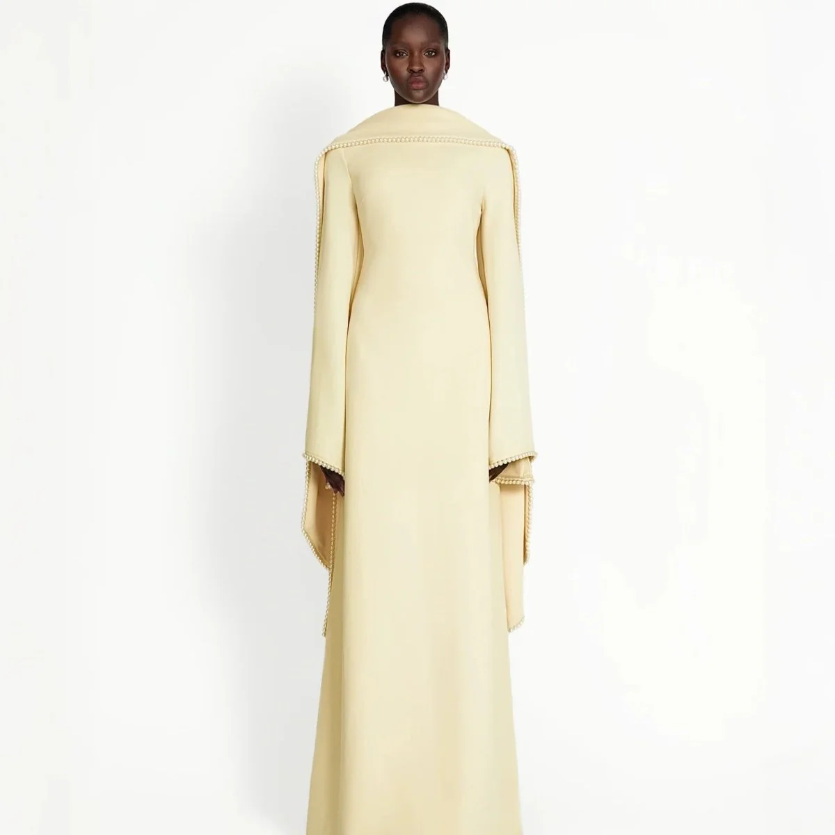 Elegant Pearl Embellished Cape Sleeve Evening Dress(MA337) - Image 16