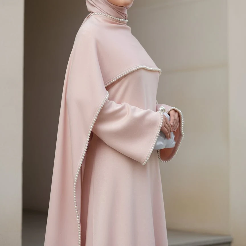 Elegant Pearl Embellished Cape Sleeve Evening Dress(MA337) - Image 2