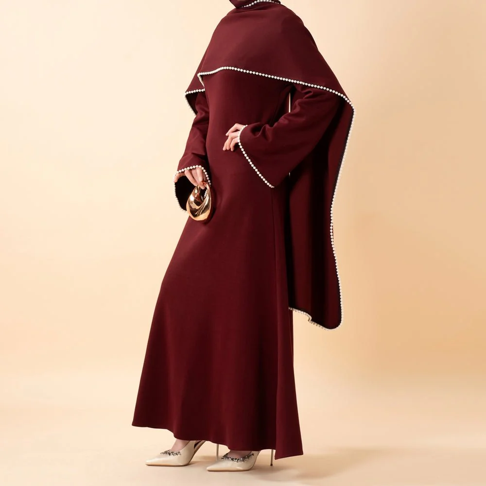Elegant Pearl Embellished Cape Sleeve Evening Dress(MA337) - Image 23
