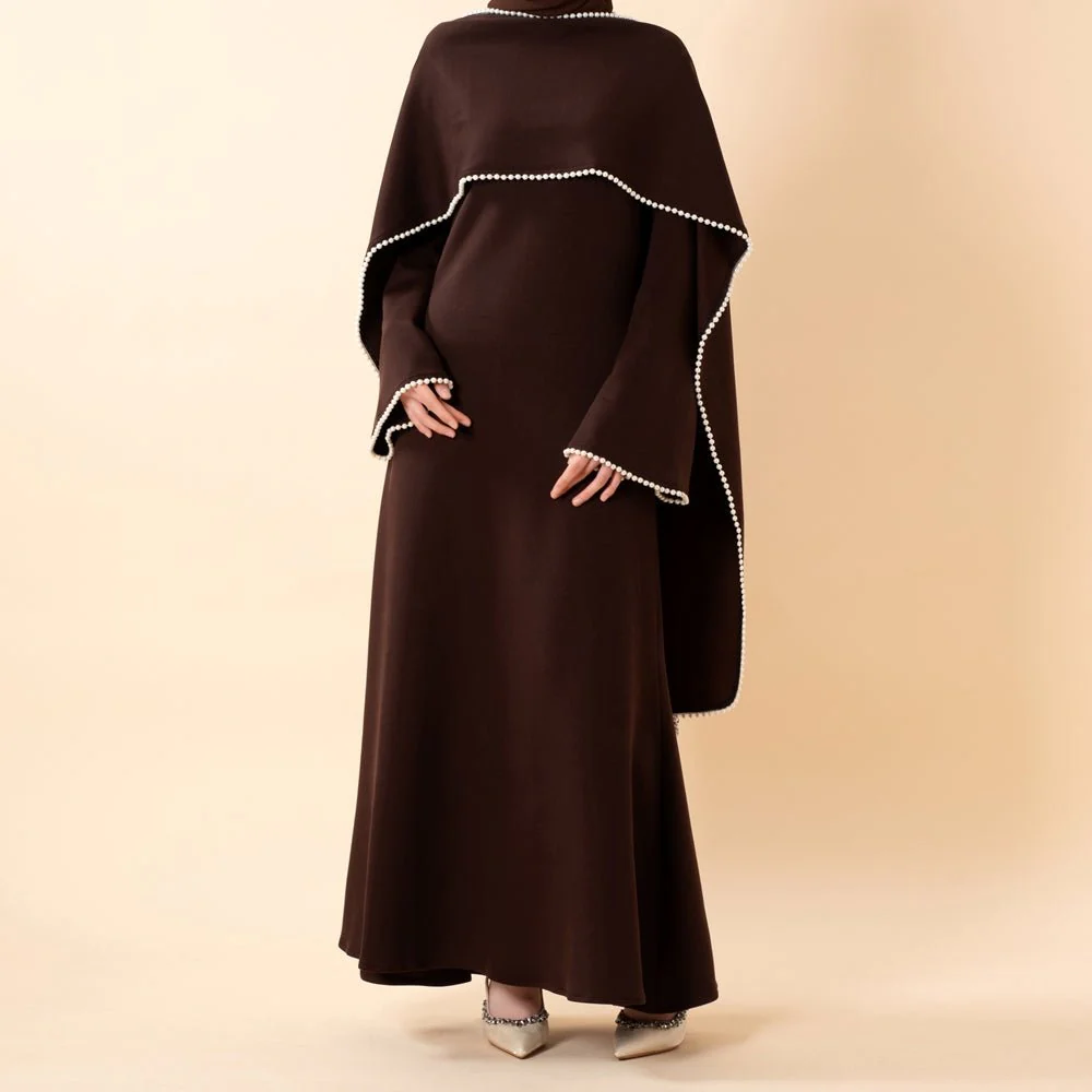Elegant Pearl Embellished Cape Sleeve Evening Dress(MA337) - Image 26