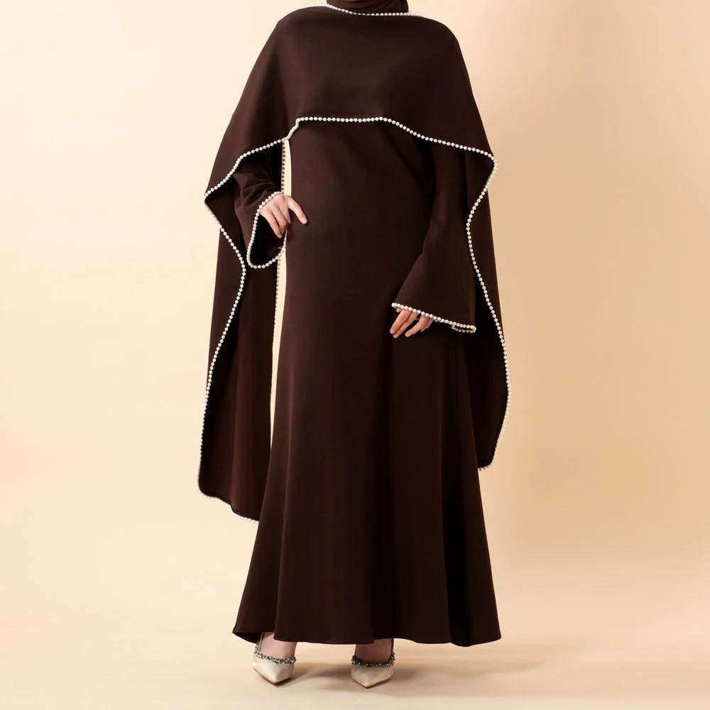 Elegant Pearl Embellished Cape Sleeve Evening Dress(MA337) - Image 27