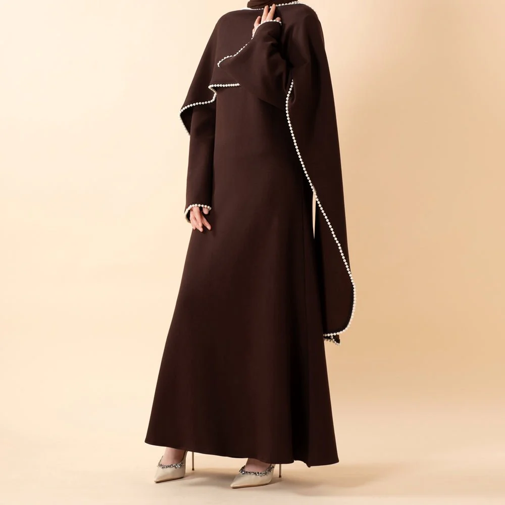 Elegant Pearl Embellished Cape Sleeve Evening Dress(MA337) - Image 29