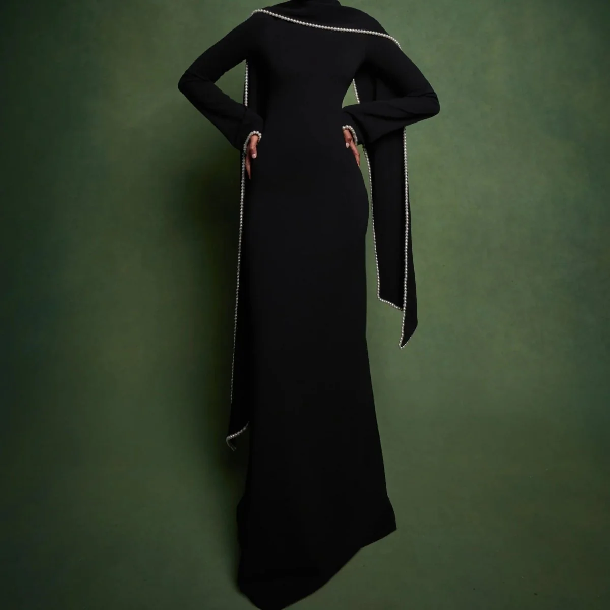 Elegant Pearl Embellished Cape Sleeve Evening Dress(MA337) - Image 3