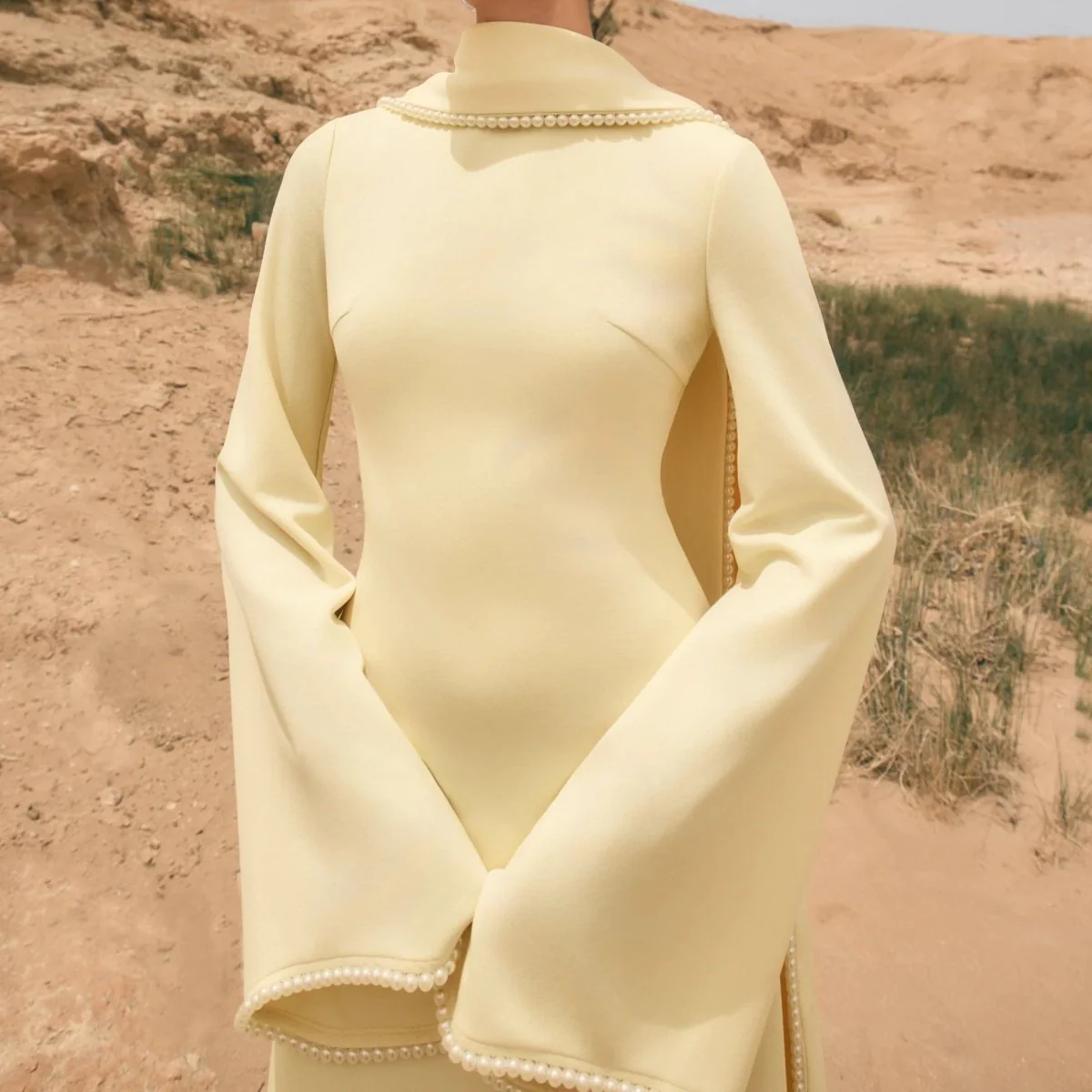 Elegant Pearl Embellished Cape Sleeve Evening Dress(MA337) - Image 4